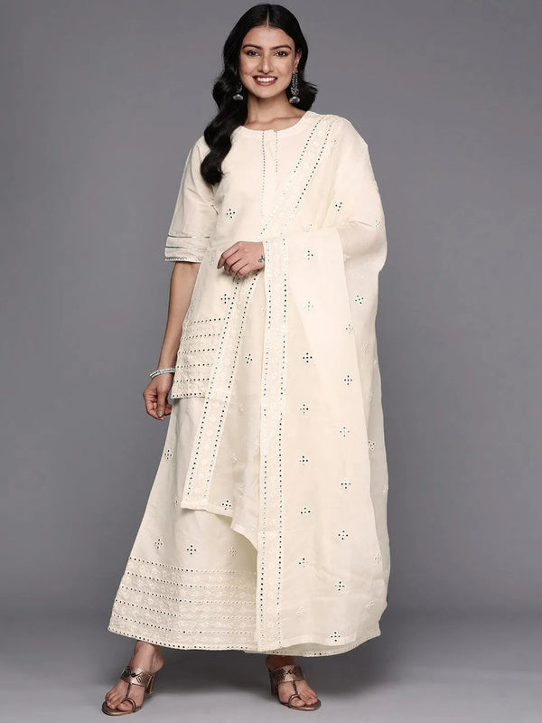 Off White Embroidered Cotton Straight Suit Set With Palazzos - Jashvi