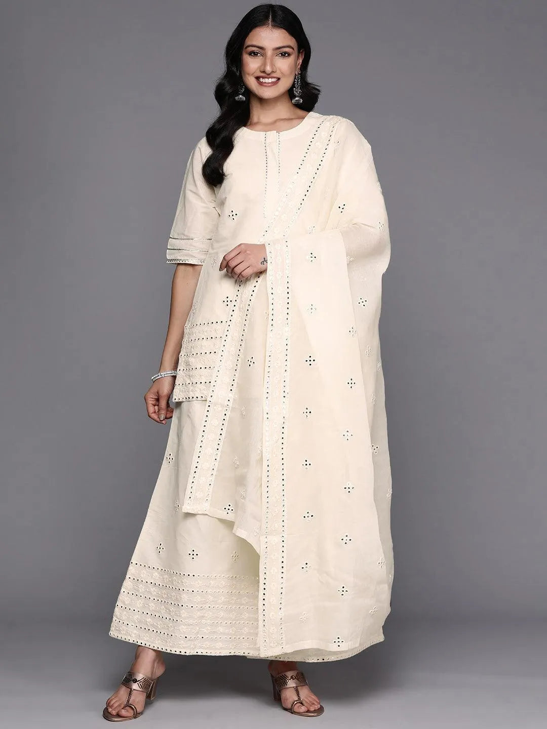 Off White Embroidered Cotton Straight Suit Set With Palazzos - Jashvi