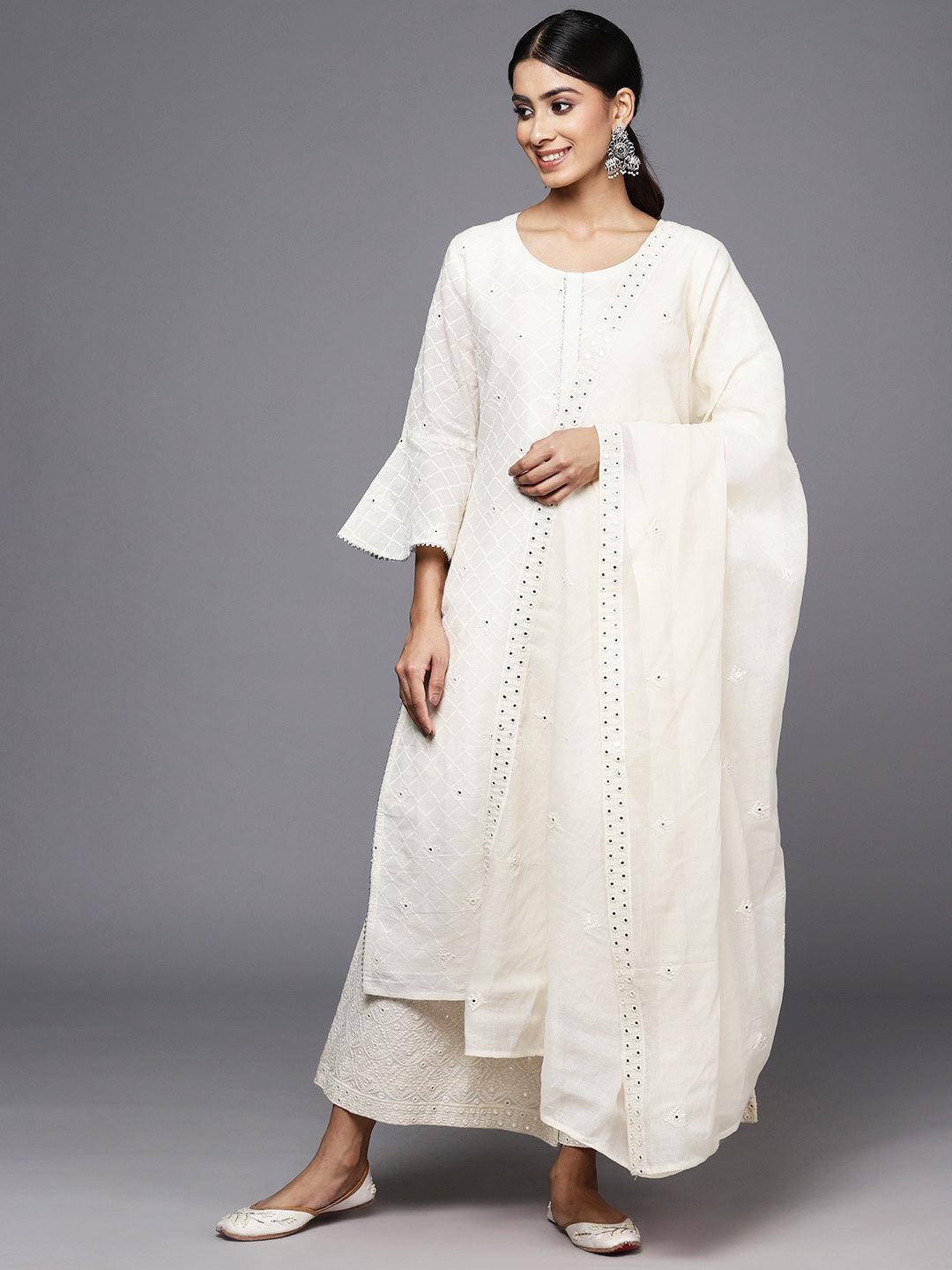 Off White Embroidered Cotton Straight Kurta With Palazzos & Dupatta - Jashvi