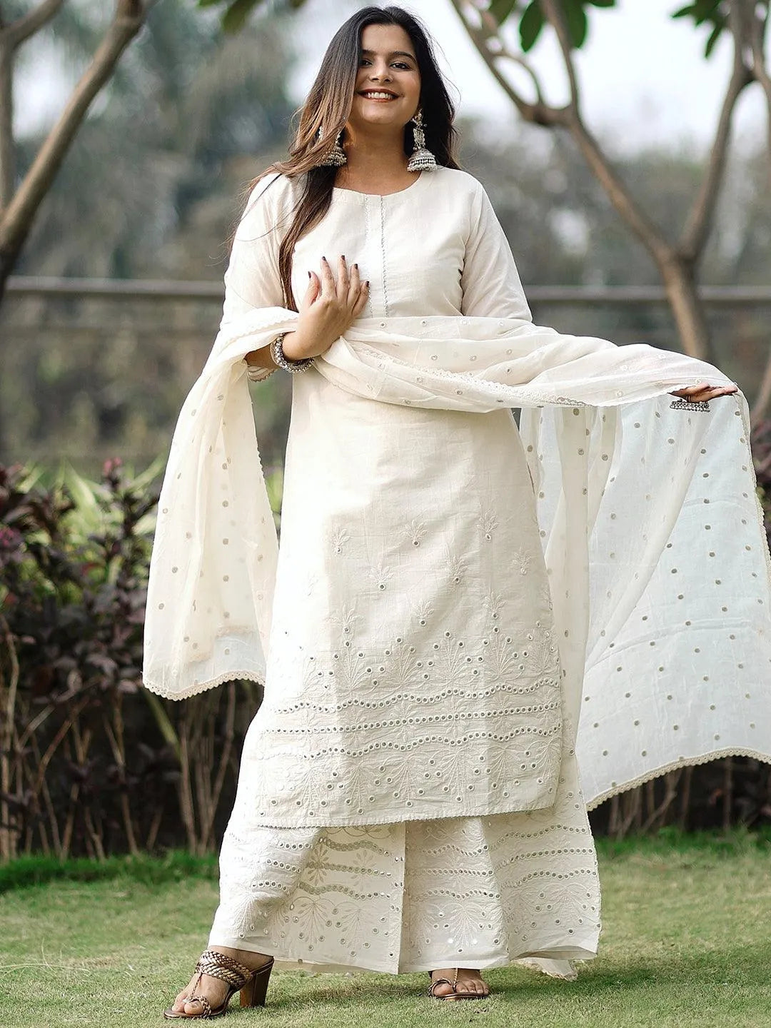 Off White Embroidered Cotton Suit Set - Jashvi