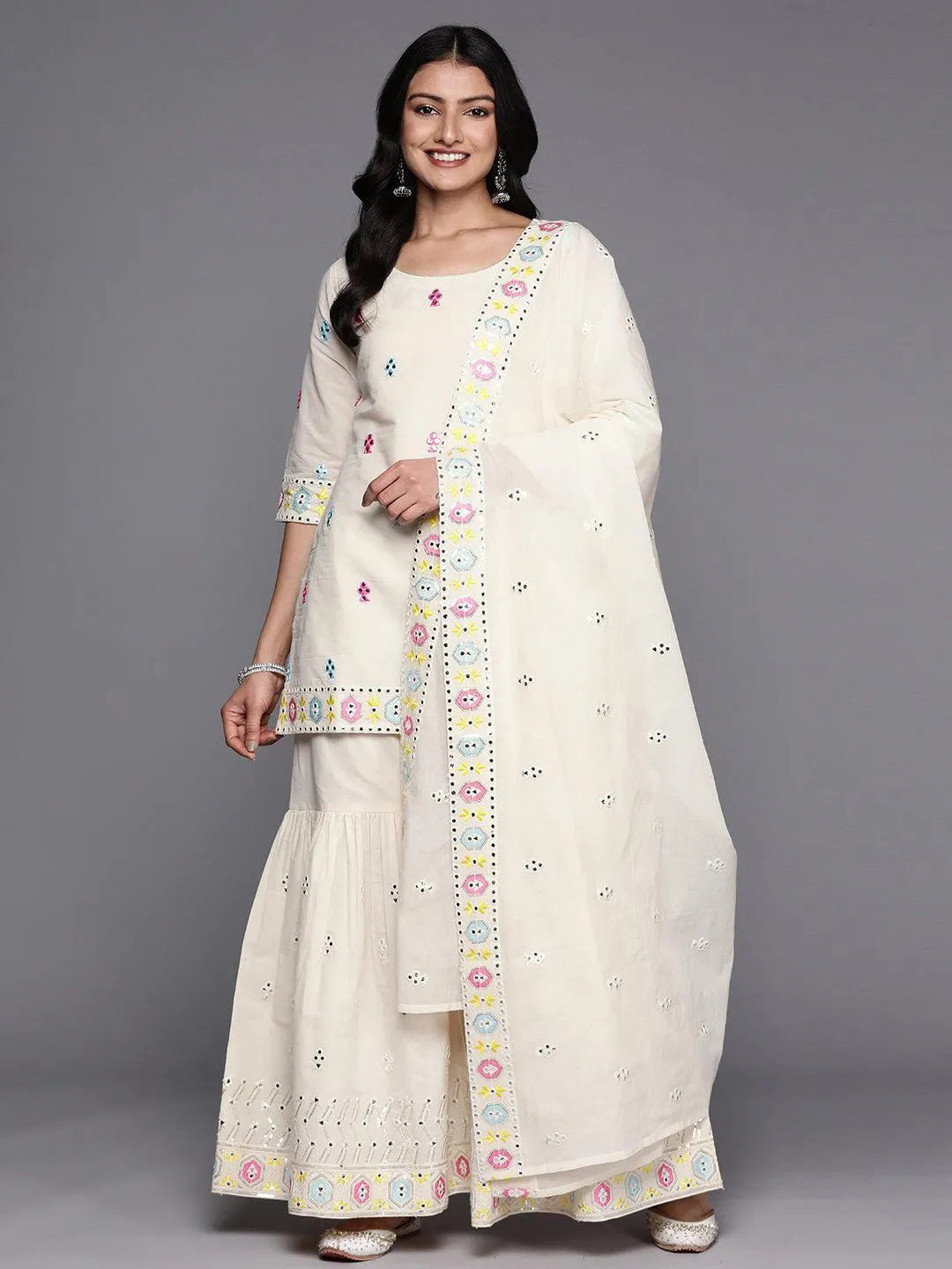 Off White Embroidered Cotton Straight Suit Set With Sharara - Jashvi