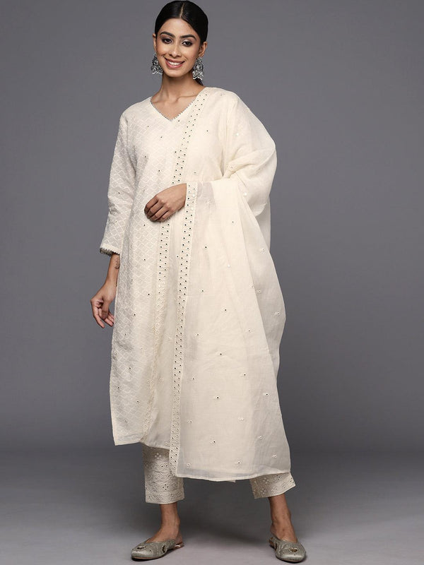 Off White Embroidered Cotton Straight Kurta With Trousers & Dupatta - Jashvi