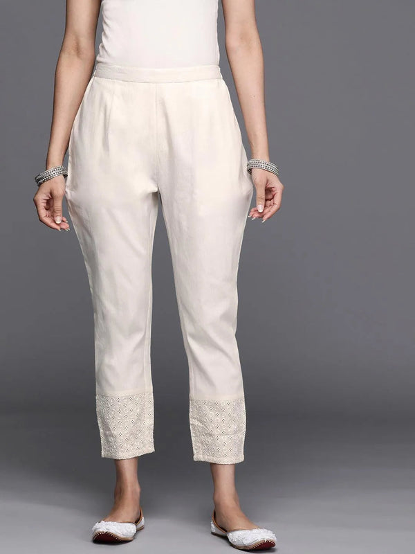 Off White Embroidered Cotton Trousers - Jashvi