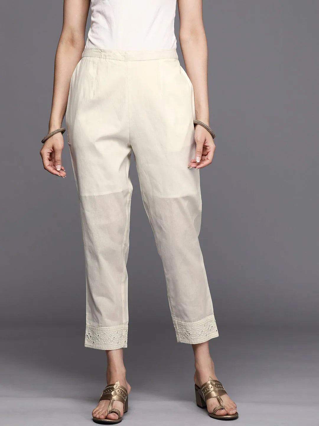 Off White Embroidered Cotton Trousers - Jashvi