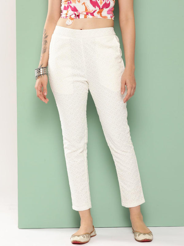 Off White Embroidered Cotton Trousers - Jashvi