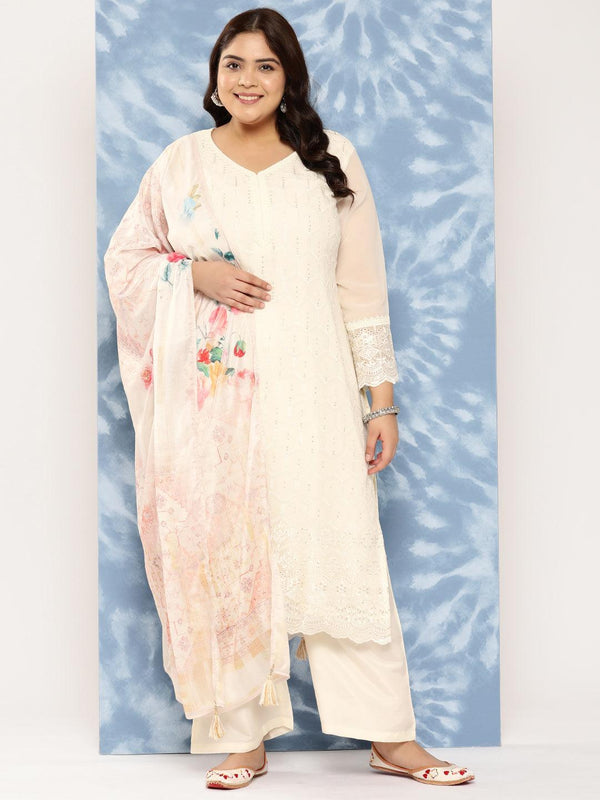 Off White Embroidered Georgette Straight Kurta With Trousers and Dupatta - Jashvi