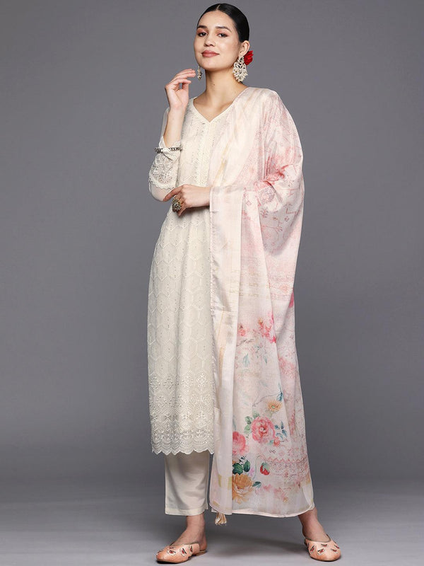 Off White Embroidered Georgette Straight Suit Set With Trousers - Jashvi