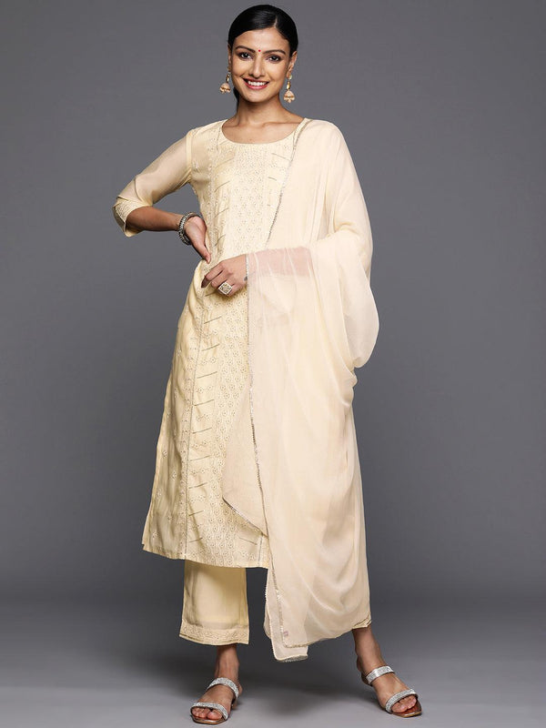 Off White Embroidered Silk Blend Straight Kurta With Trousers & Dupatta - Jashvi