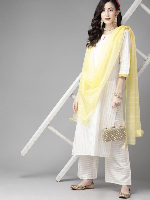 Women's Off White Embroidered Straight Kurta Palazzo With Dupatta Set - Odette