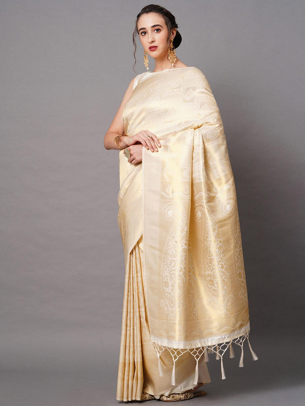 Women's Off White Festive Silk Blend Woven Design Saree With Unstitched Blouse - Odette