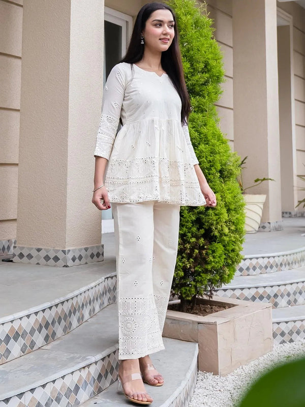 Off White Mirror-Work Cotton Kurta Set - Jashvi