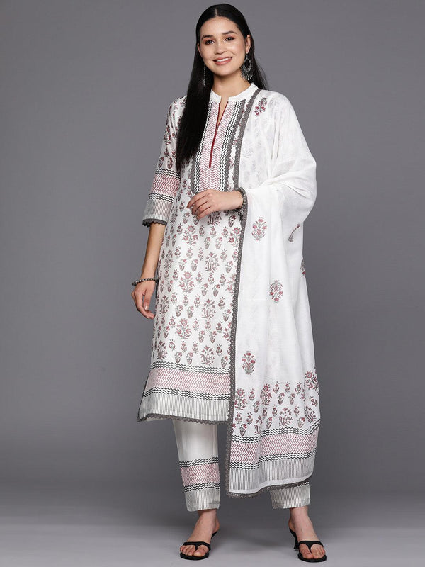 Off White Printed Chanderi Silk Straight Suit Set With Trousers - Jashvi