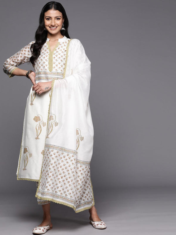 Off White Printed Chanderi Silk Straight Suit Set With Trousers - Jashvi