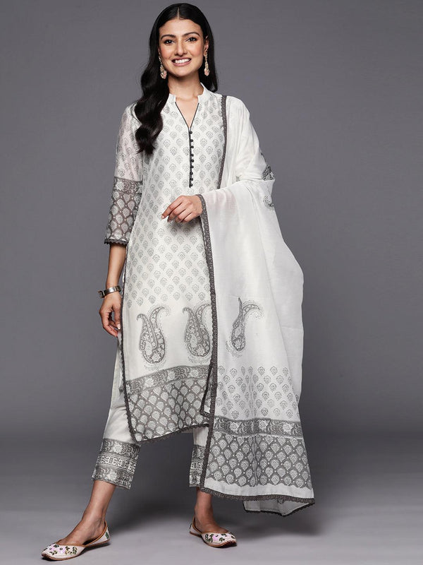 Off White Printed Chanderi Silk Straight Suit Set With Trousers - Jashvi