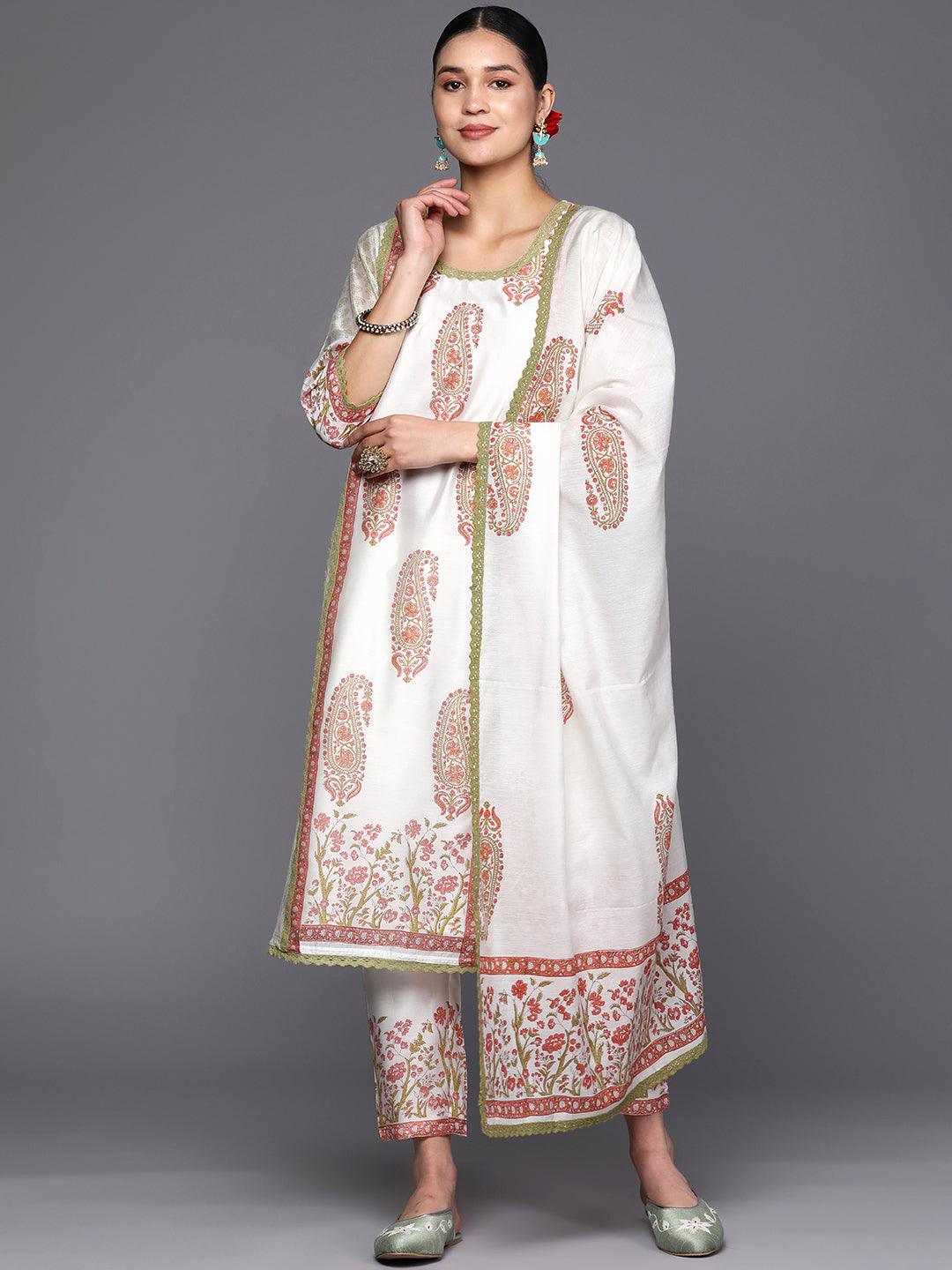 Off White Printed Chanderi Silk Straight Suit Set With Trousers - Jashvi