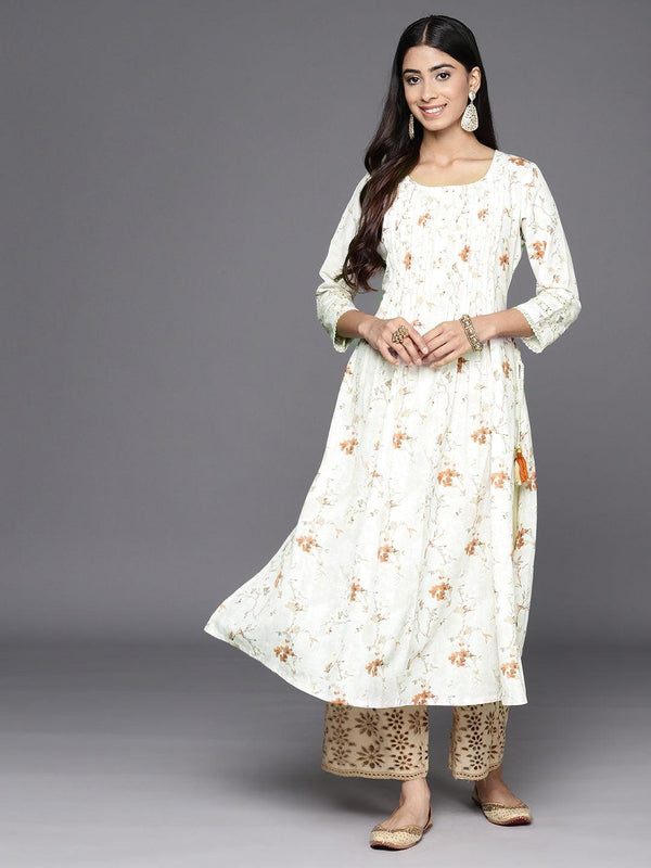 Off White Printed Cotton A-Line Kurta - Jashvi