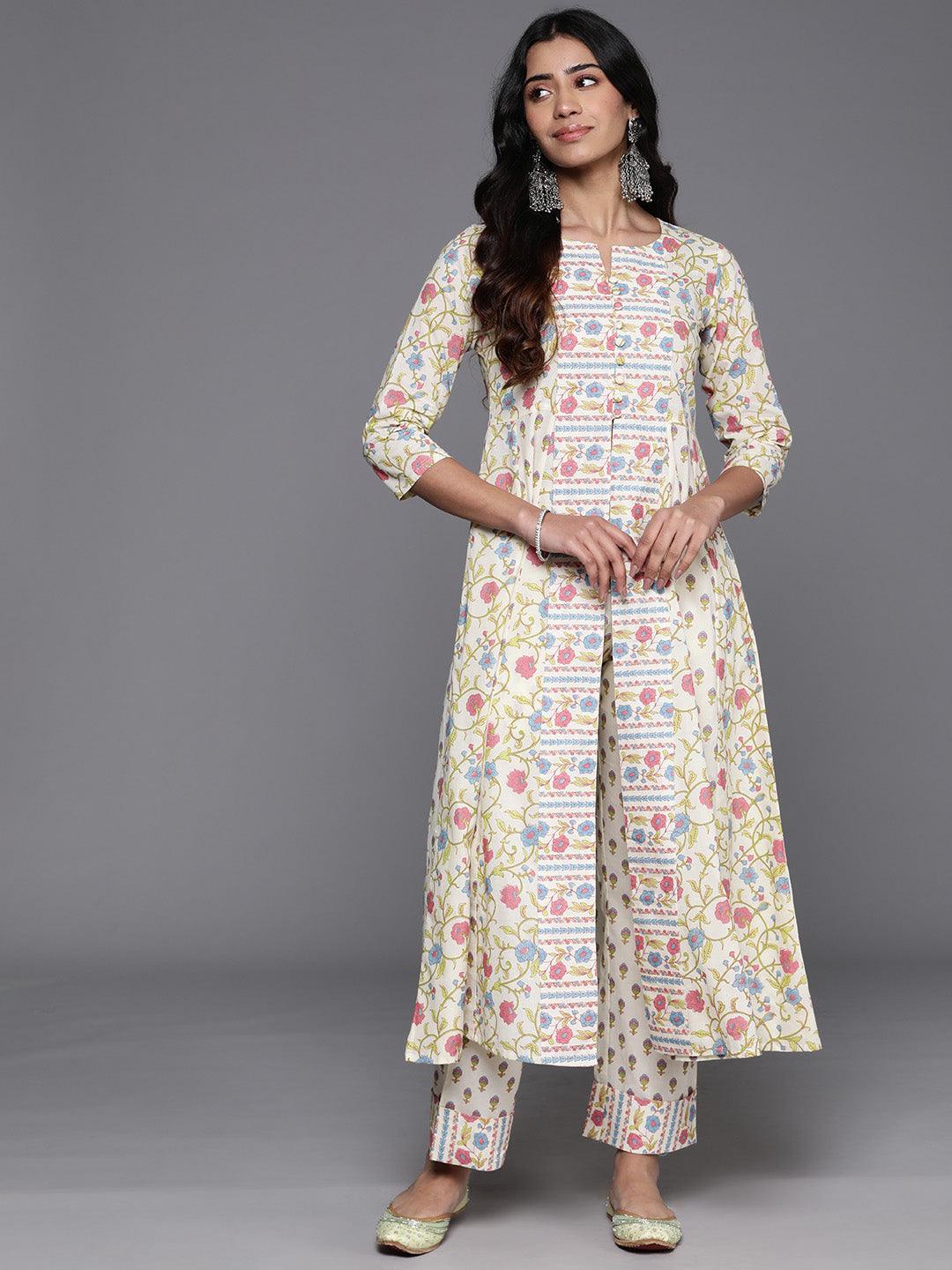 Off White Printed Cotton A-Line Kurta With Trousers - Jashvi