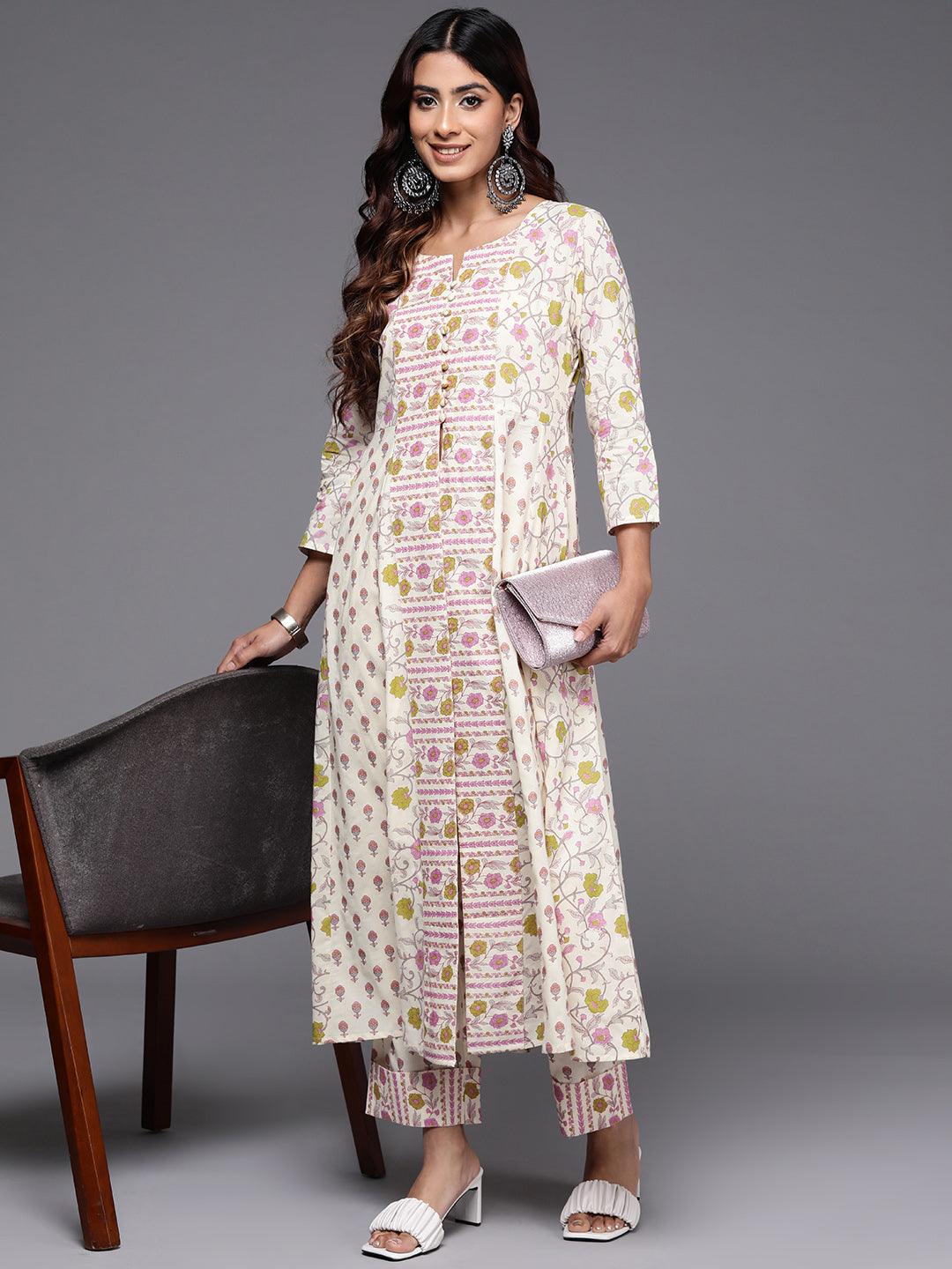 Off White Printed Cotton A-Line Kurta With Trousers - Jashvi