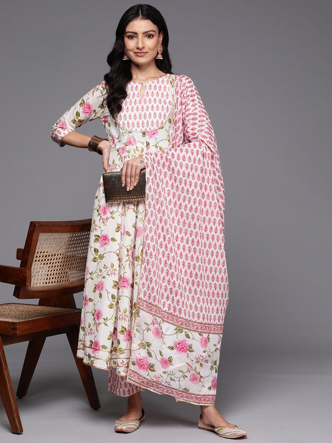 Off White Printed Cotton Anarkali Kurta With Palazzos & Dupatta - Jashvi