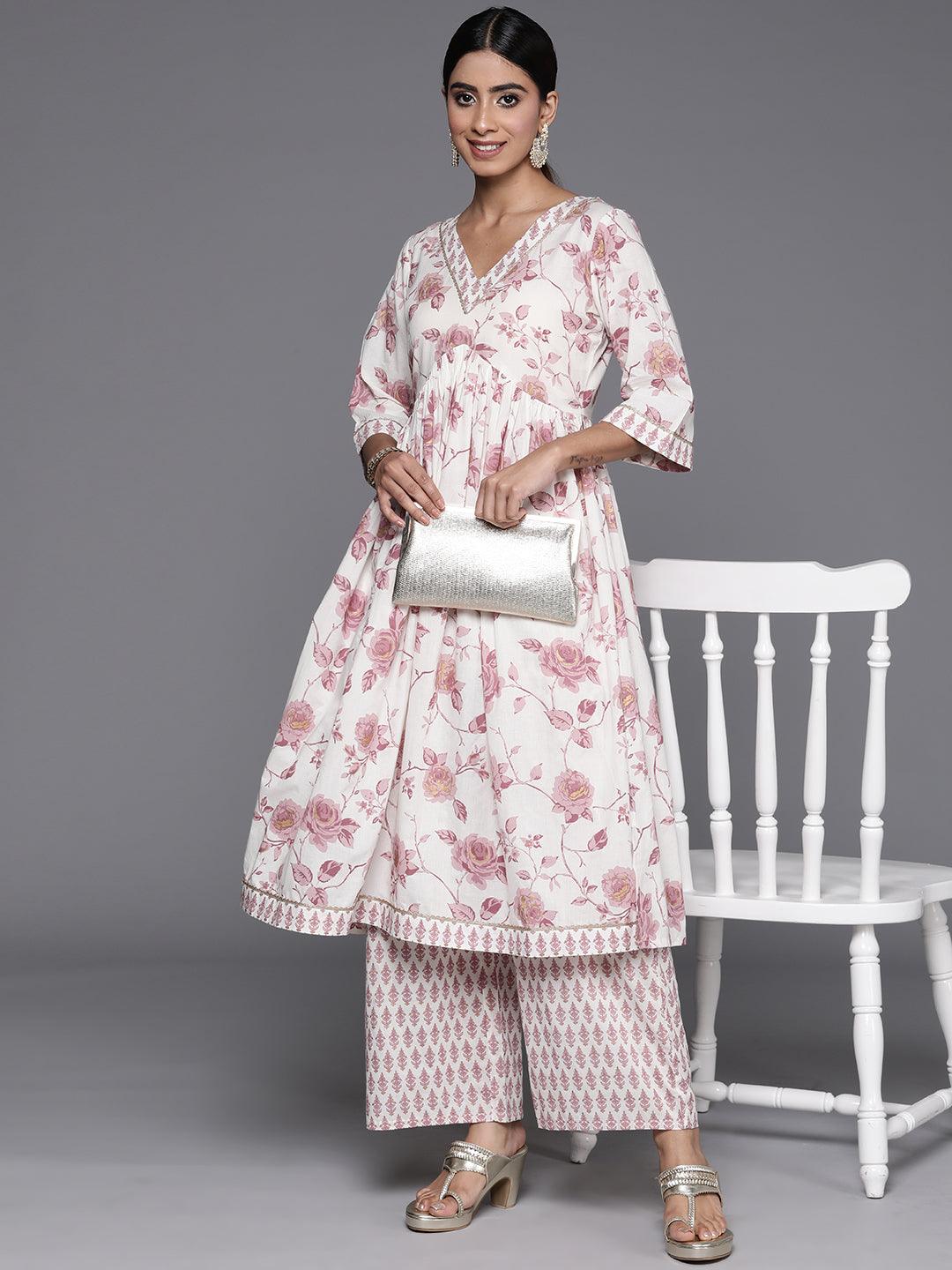 Off White Printed Cotton Anarkali Kurta With Palazzos - Jashvi