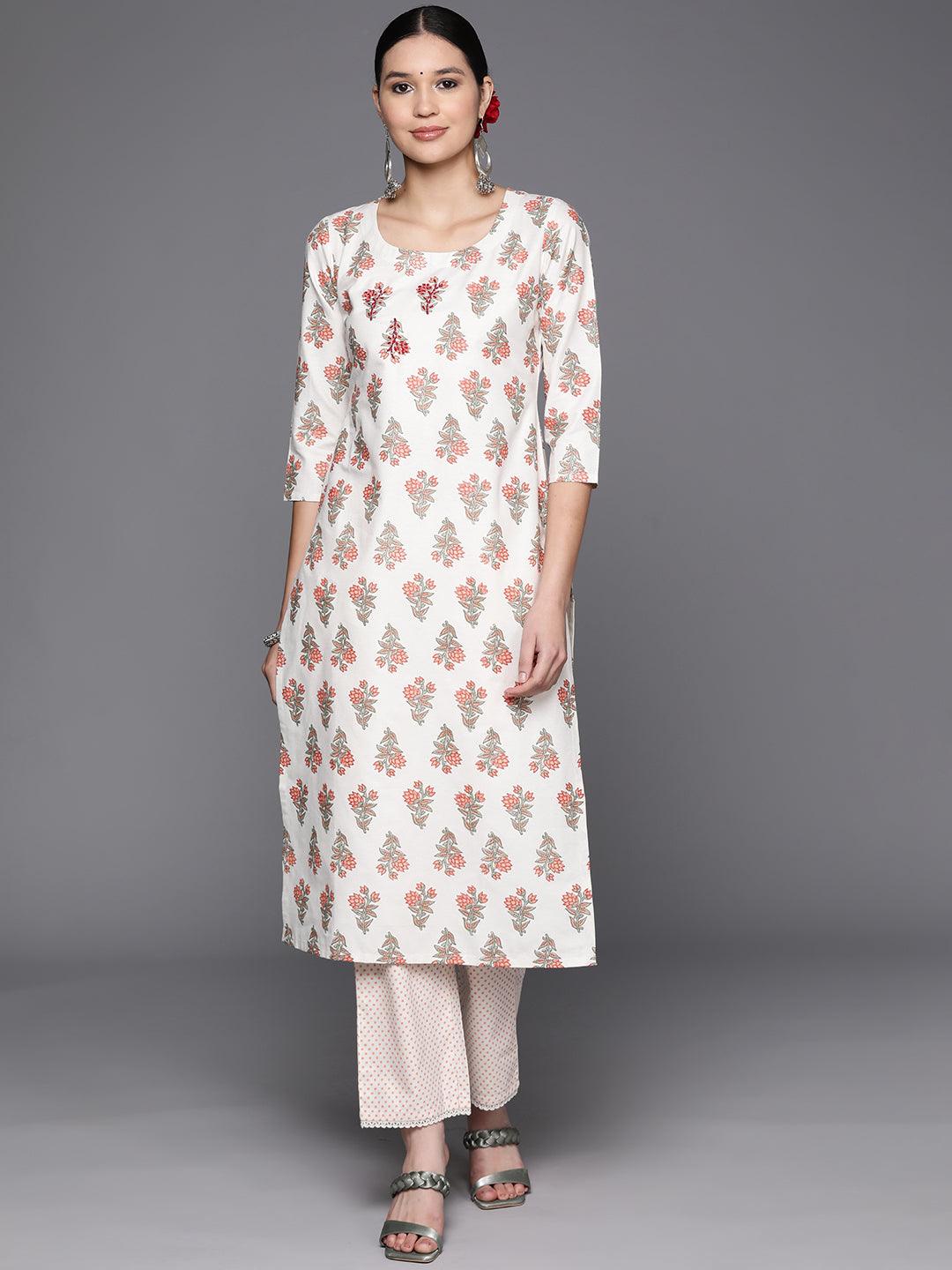 Off White Printed Cotton Blend Straight Kurta With Trousers - Jashvi