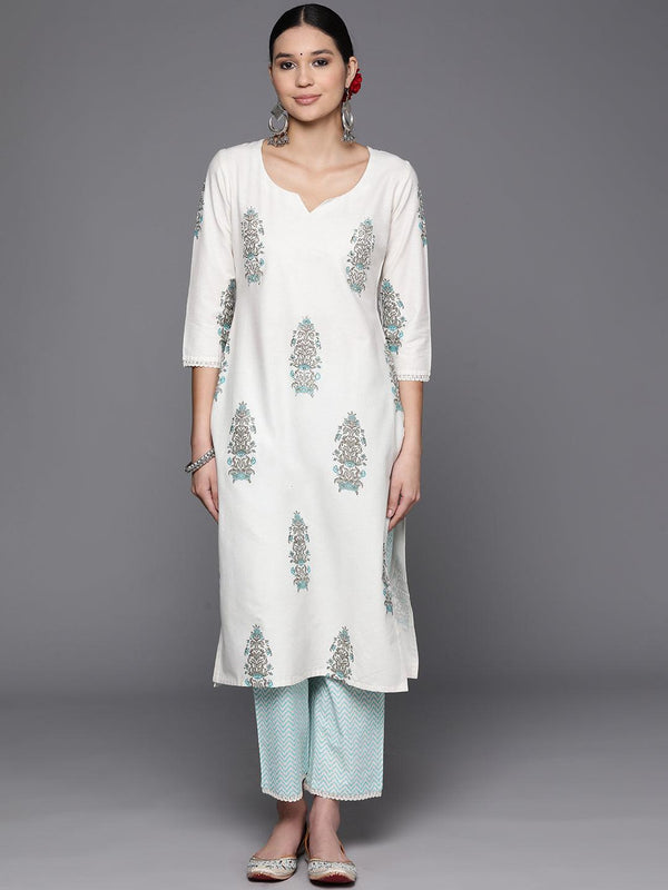 Off White Printed Cotton Blend Straight Kurta With Trousers - Jashvi