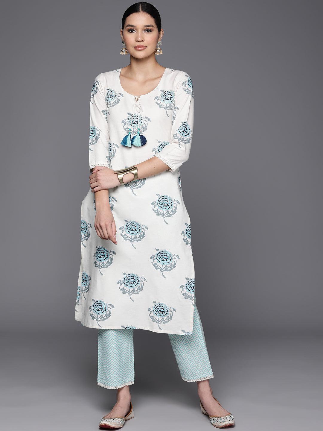 Off White Printed Cotton Blend Straight Kurta With Trousers - Jashvi