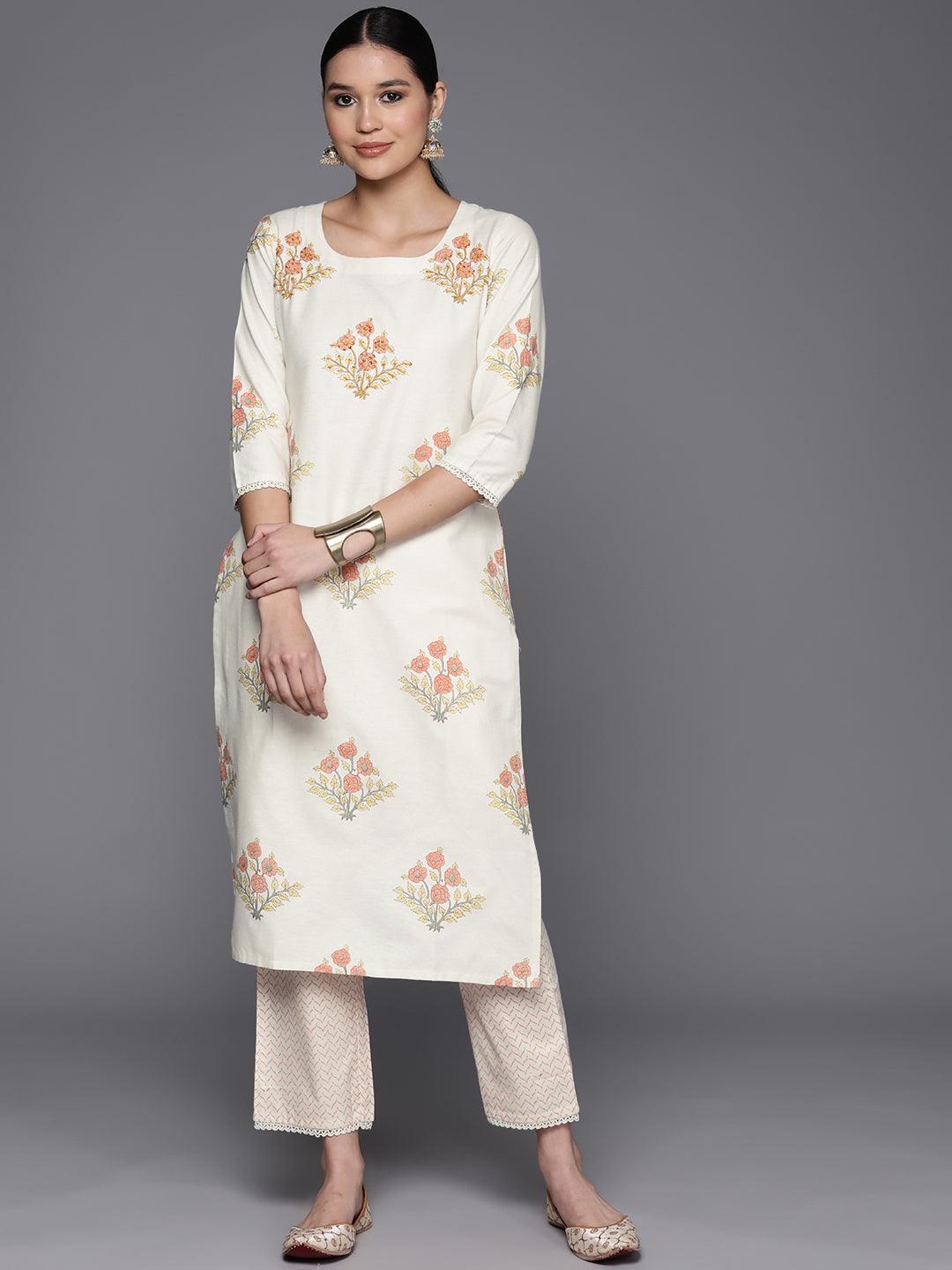 Off White Printed Cotton Blend Straight Kurta With Trousers - Jashvi