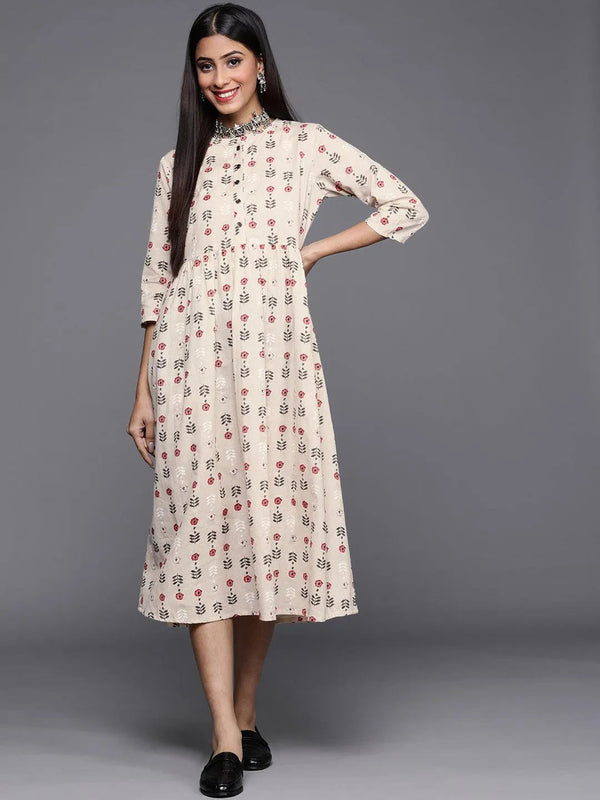 Off White Printed Cotton Dress - Jashvi