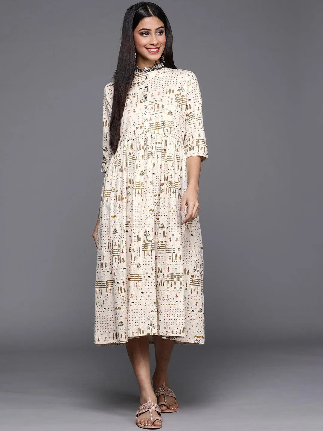 Off White Printed Cotton Dress - Jashvi