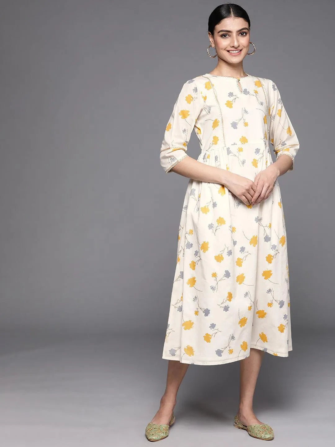 Off White Printed Cotton Dress - Jashvi