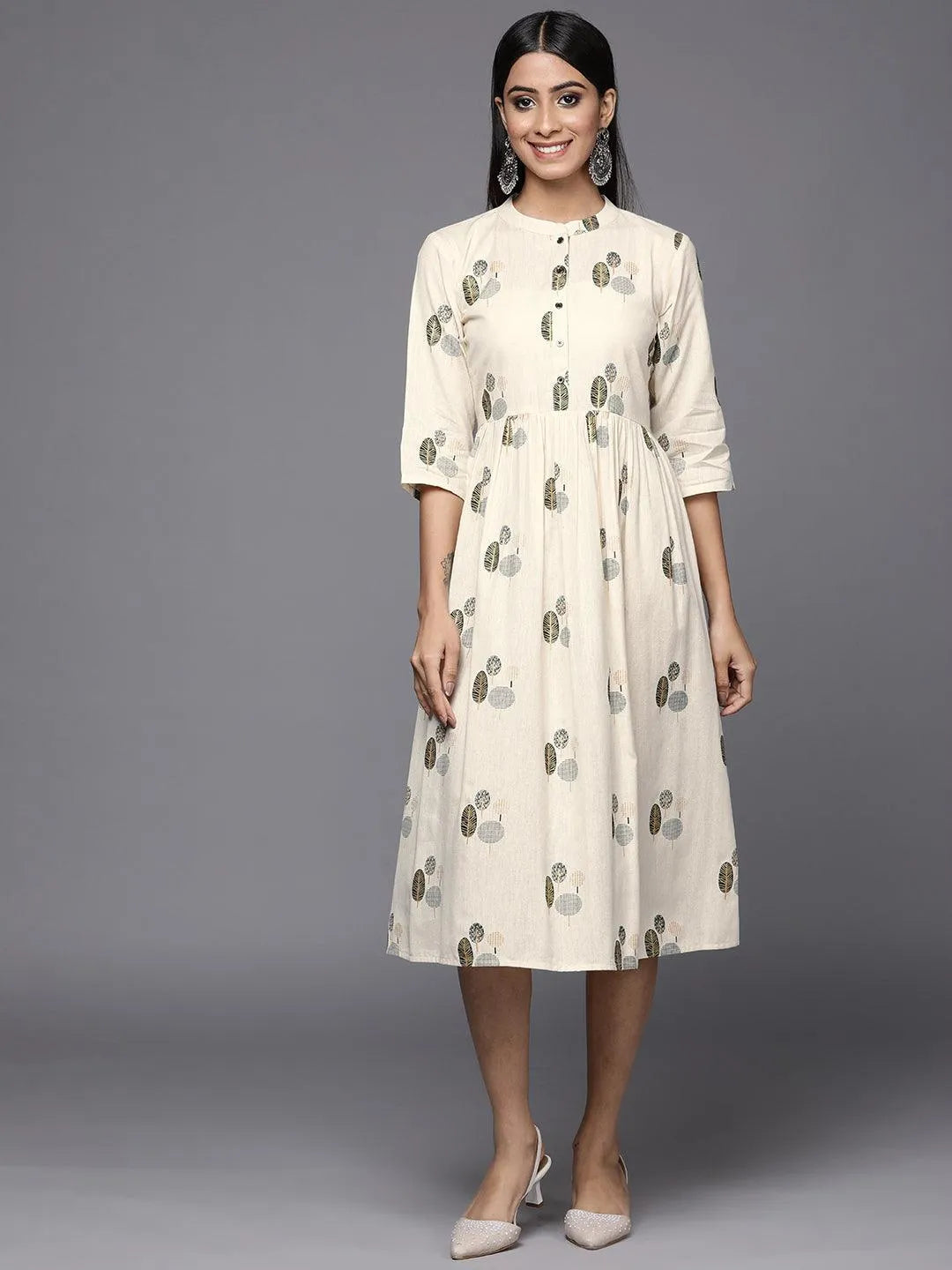 Off White Printed Cotton Fit and Flare Dress - Jashvi