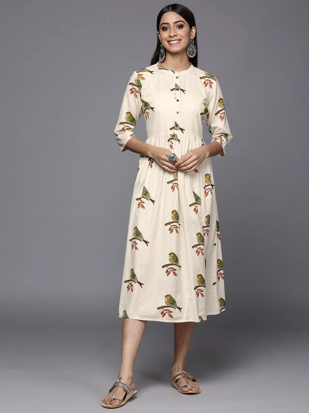 Off White Printed Cotton Fit and Flare Dress - Jashvi