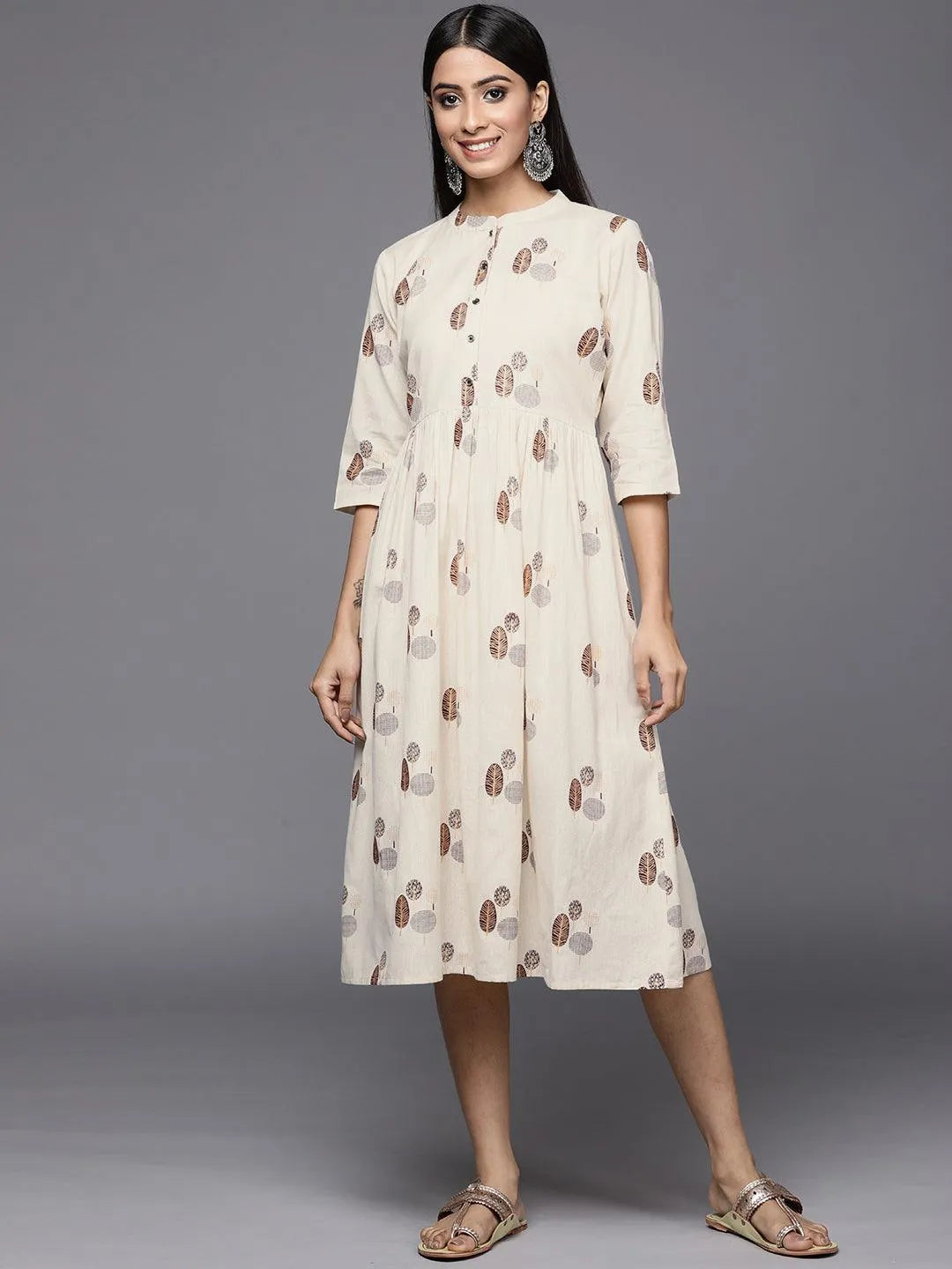 Off White Printed Cotton Fit and Flare Dress - Jashvi