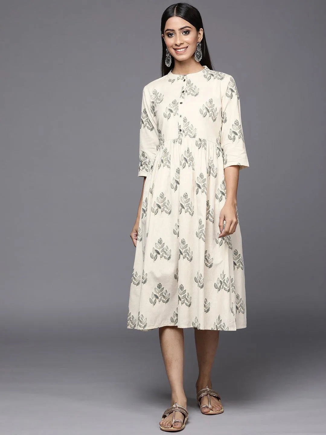 Off White Printed Cotton Fit and Flare Dress - Jashvi