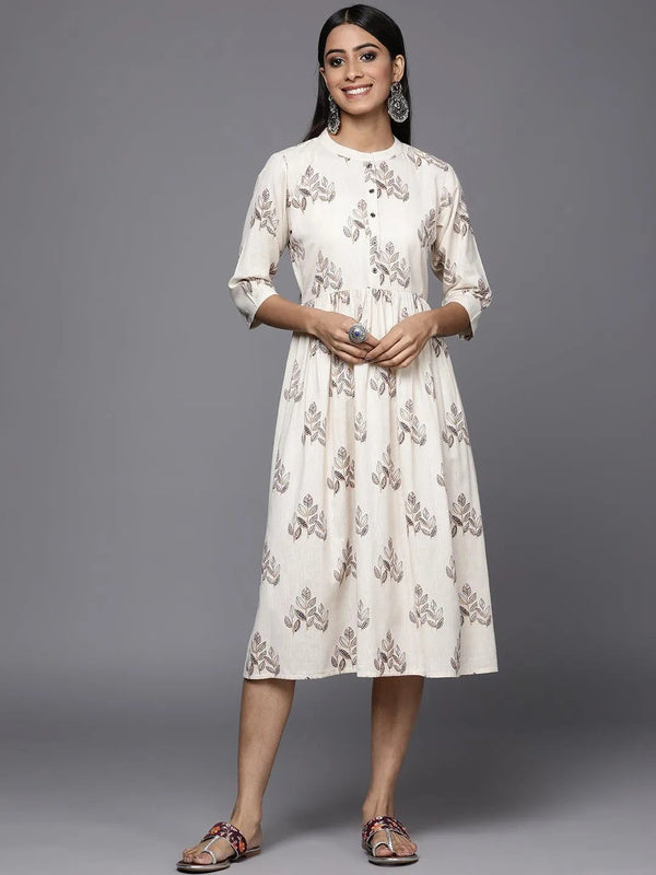 Off White Printed Cotton Fit and Flare Dress - Jashvi