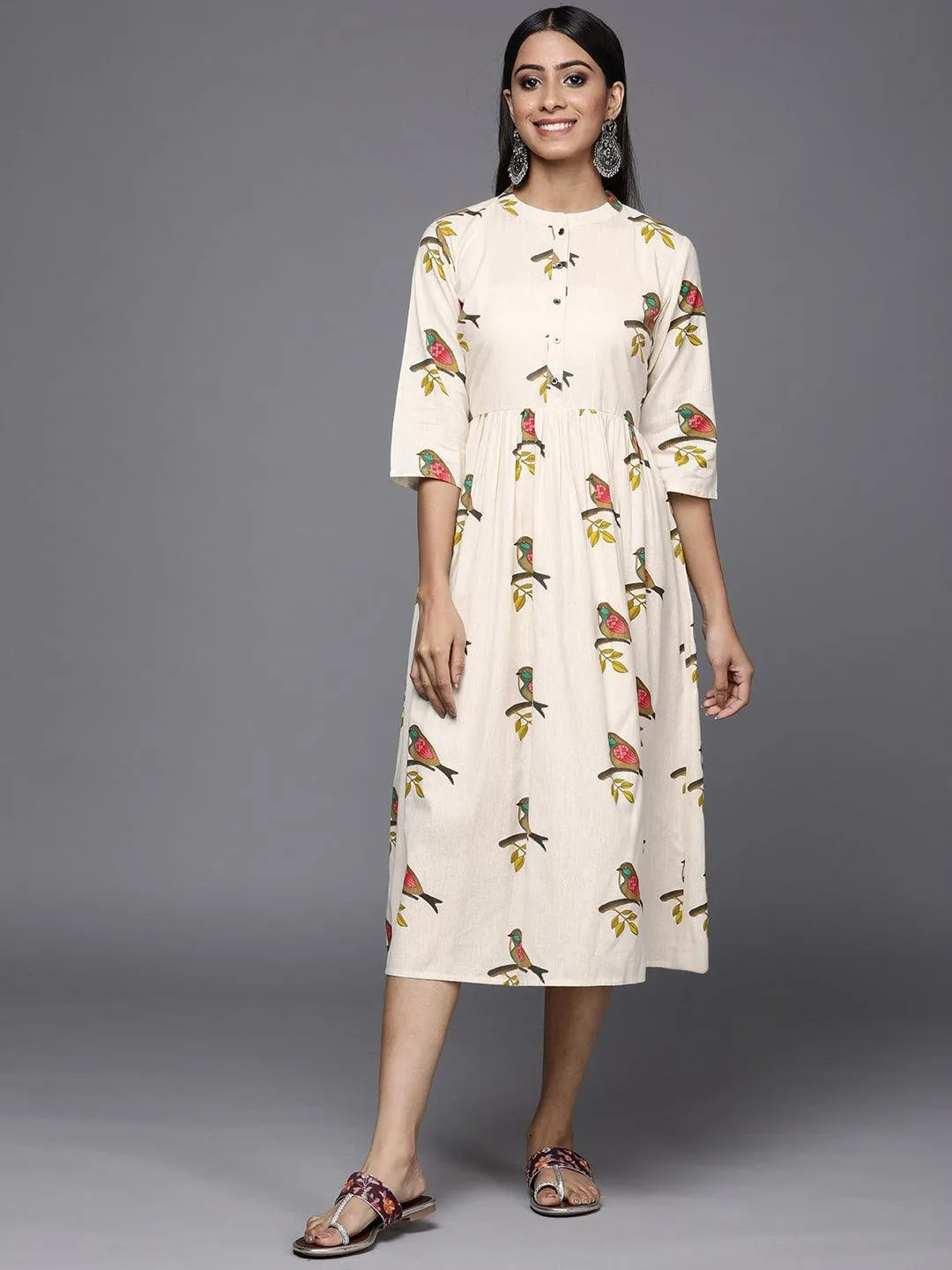 Off White Printed Cotton Fit and Flare Dress - Jashvi