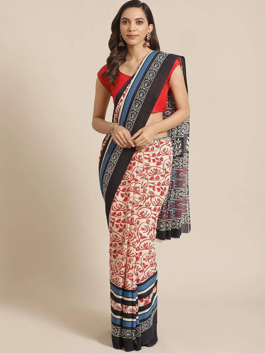 Off White Printed Cotton Saree - Jashvi