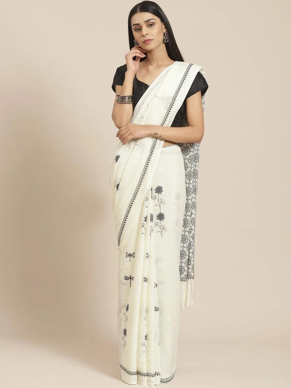 Off White Printed Cotton Saree - Jashvi