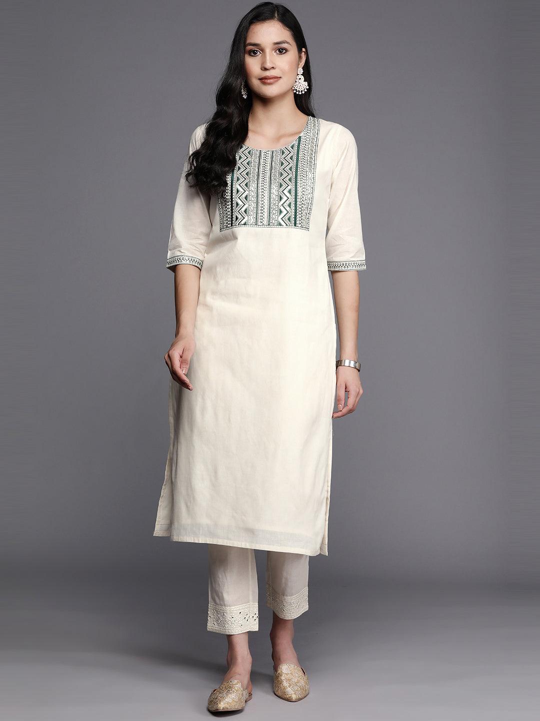 Off White Printed Cotton Straight Kurta - Jashvi