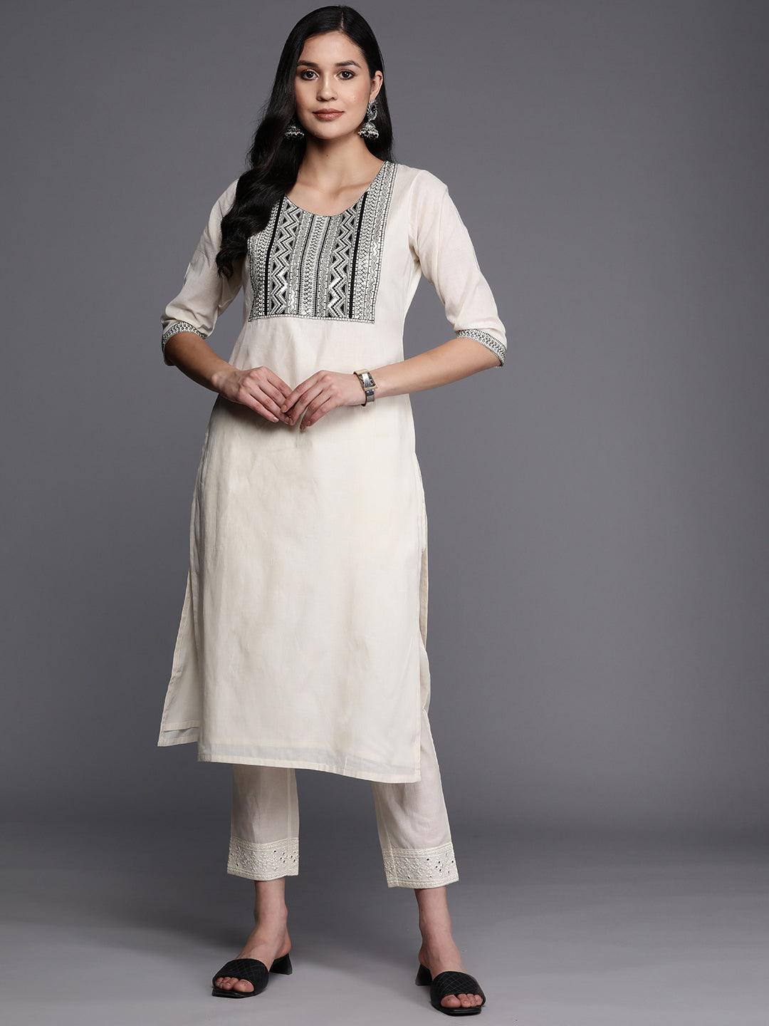 Off White Printed Cotton Straight Kurta - Jashvi