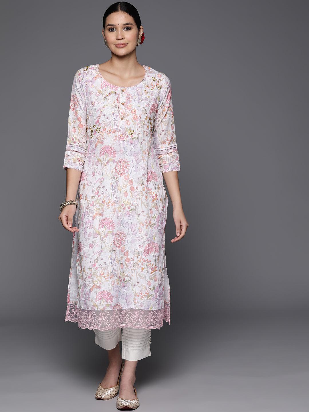 Off White Printed Cotton Straight Kurta - Jashvi