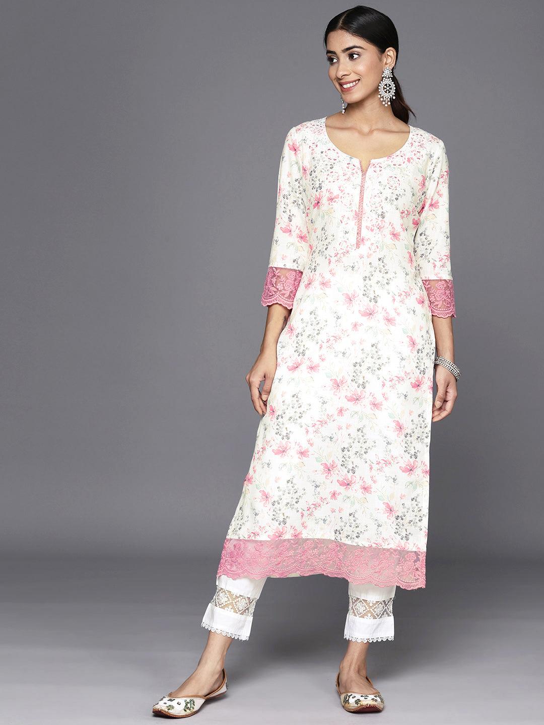 Off White Printed Cotton Straight Kurta - Jashvi