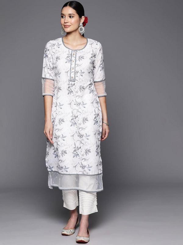 Off White Printed Cotton Straight Kurta - Jashvi