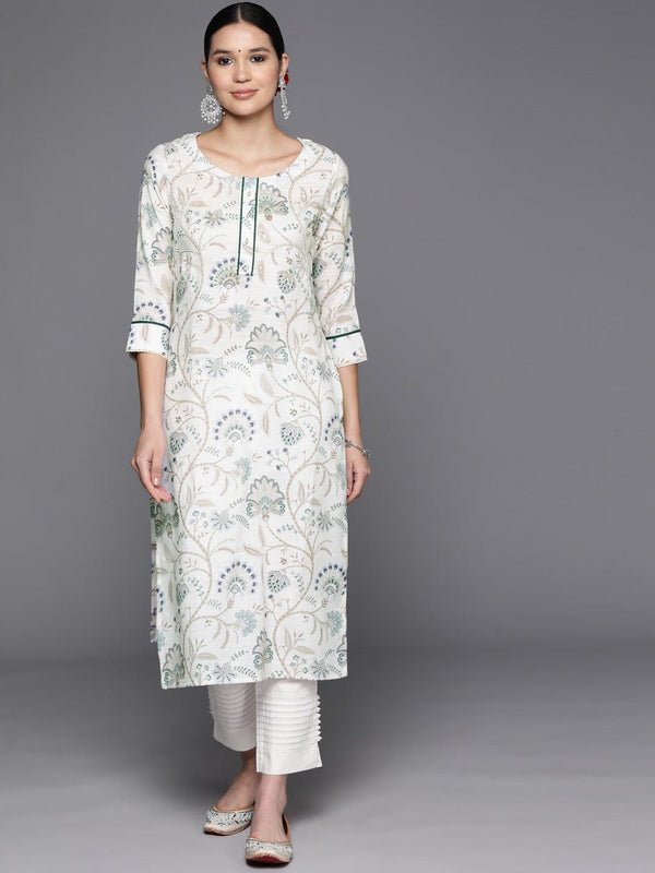 Off White Printed Cotton Straight Kurta - Jashvi