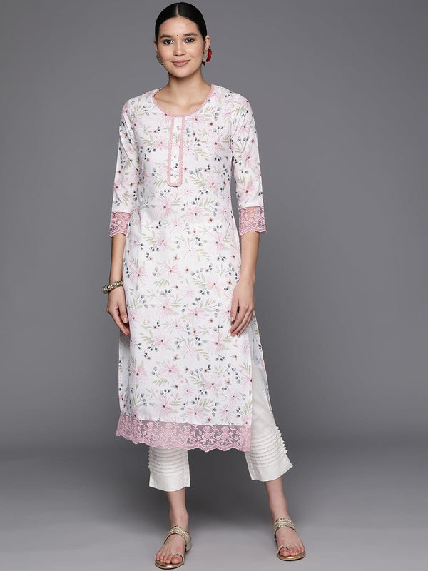 Off White Printed Cotton Straight Kurta - Jashvi