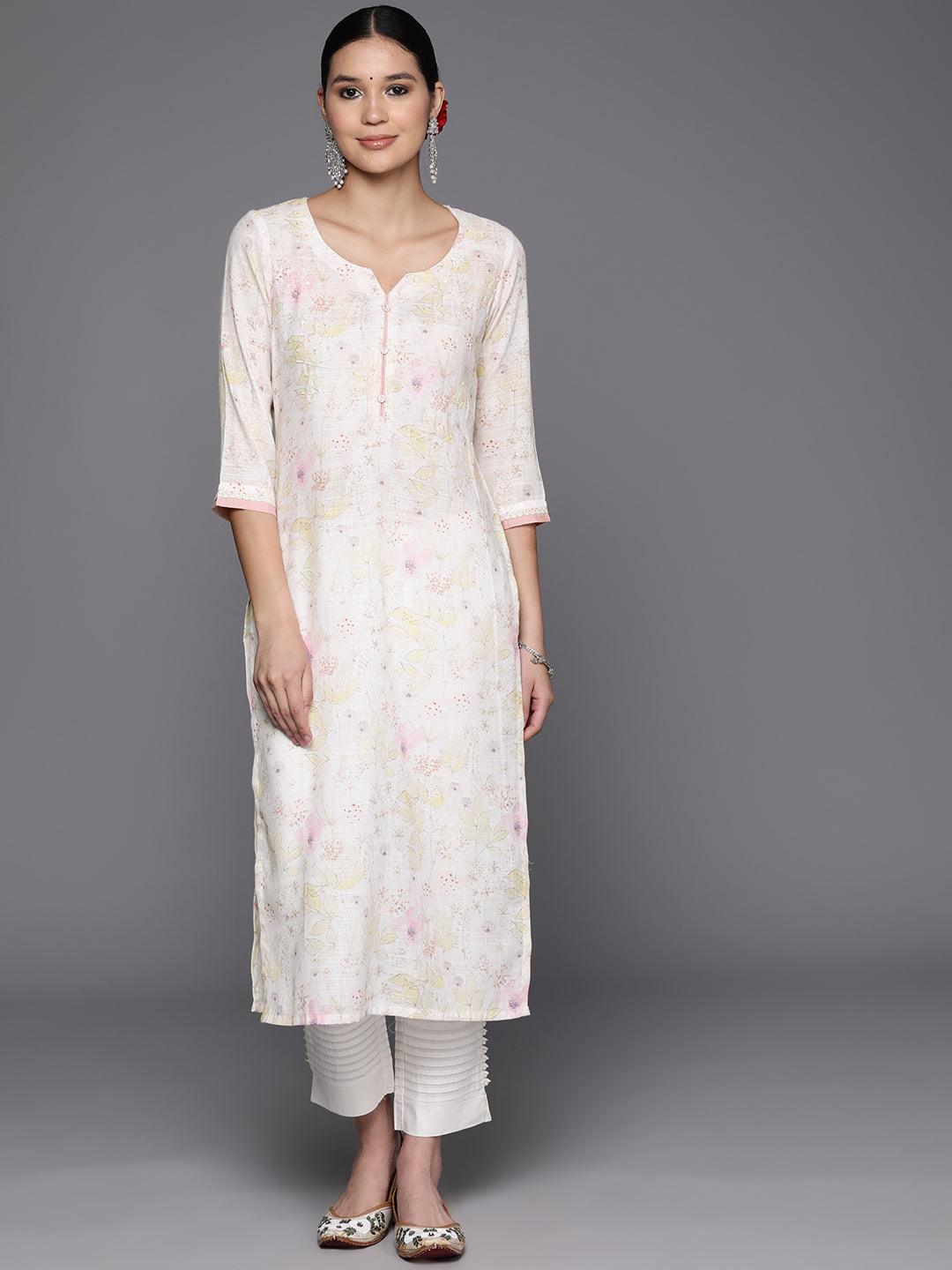 Off White Printed Cotton Straight Kurta - Jashvi