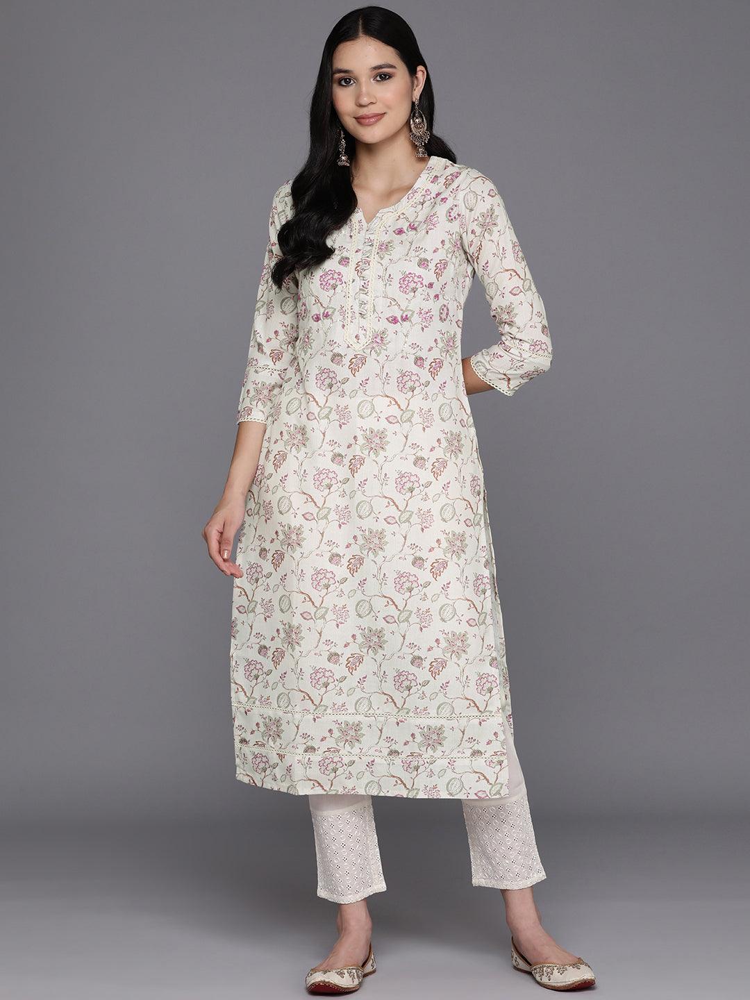 Off White Printed Cotton Straight Kurta - Jashvi