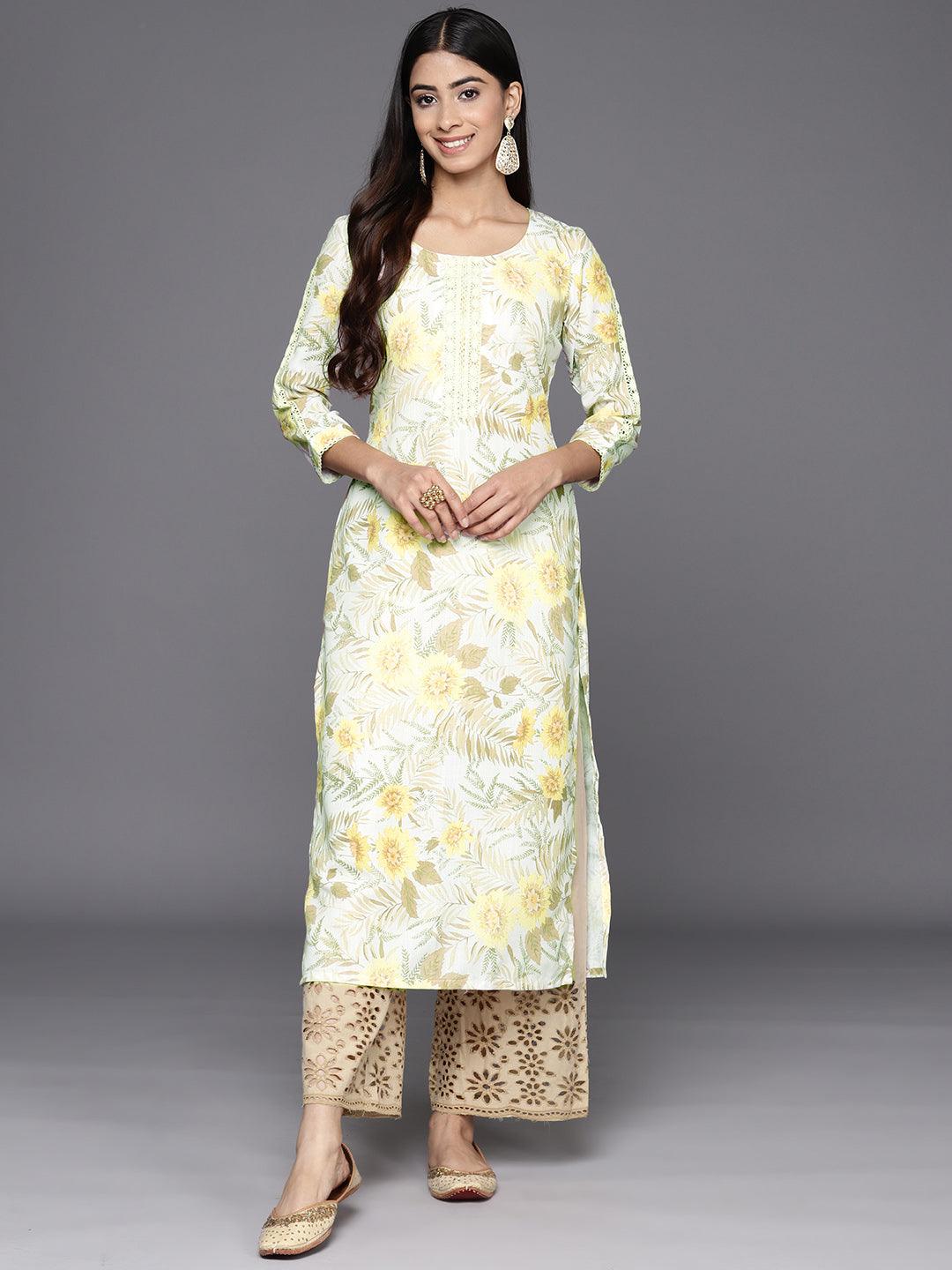 Off White Printed Cotton Straight Kurta - Jashvi