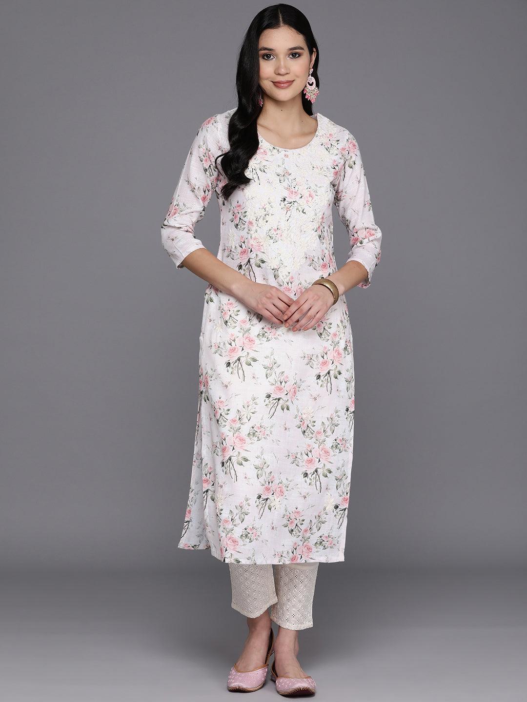 Off White Printed Cotton Straight Kurta - Jashvi